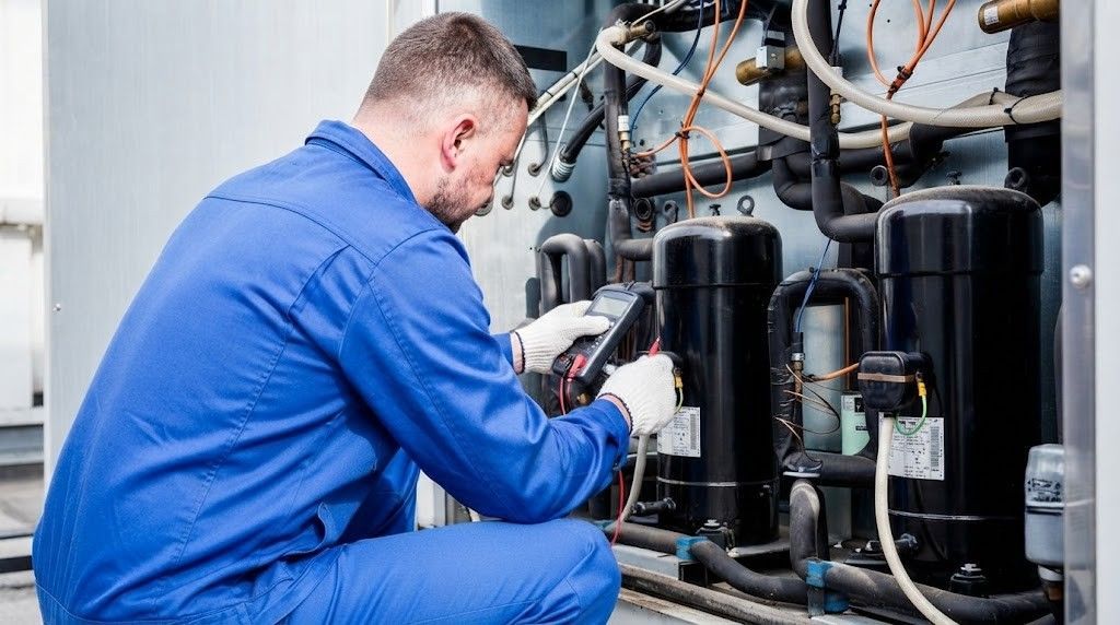 Technician in blue coveralls inspecting HVAC compressors in a mechanical room