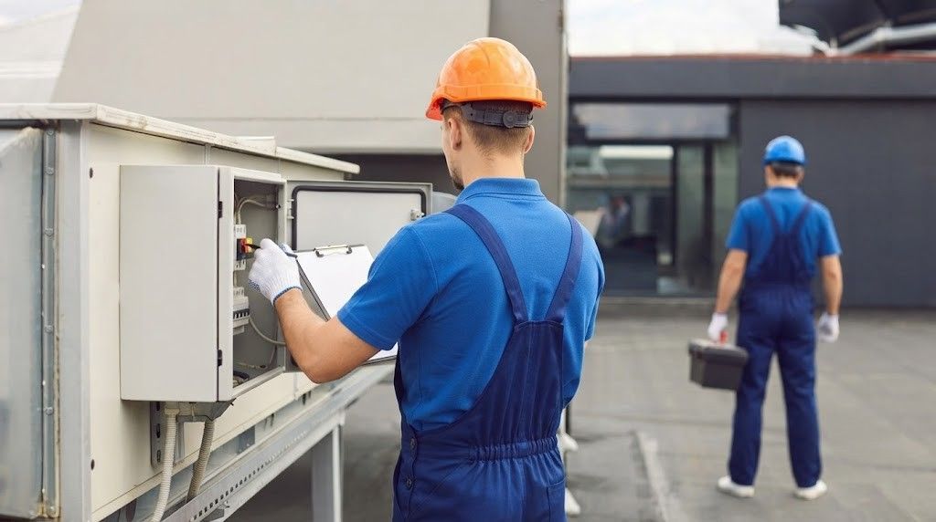 Two workers in hard hats inspecting rooftop electrical equipment, one opening a panel near an HVAC unit.