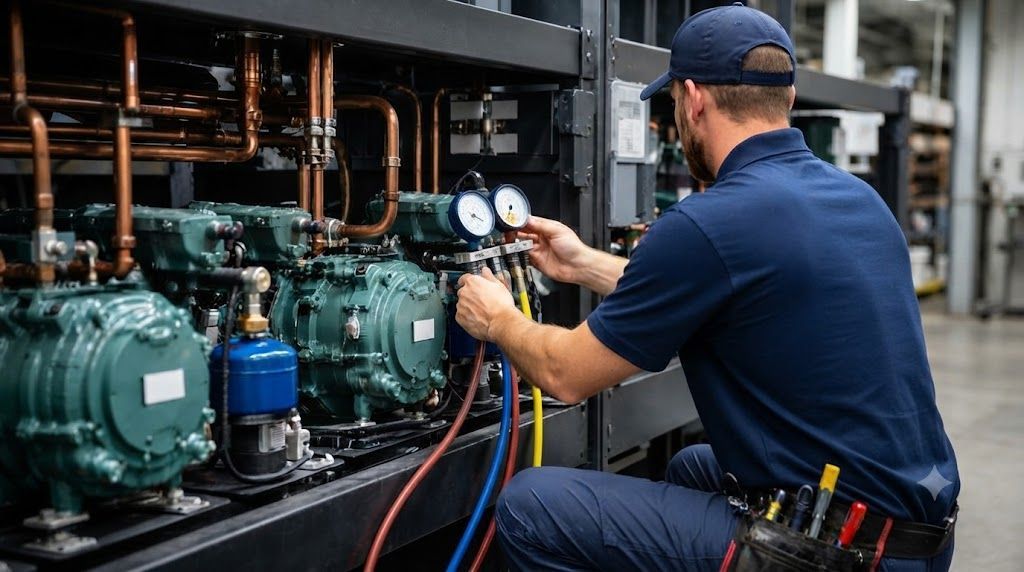 Technician inspecting industrial machinery with pressure gauges and hoses in a factory setting