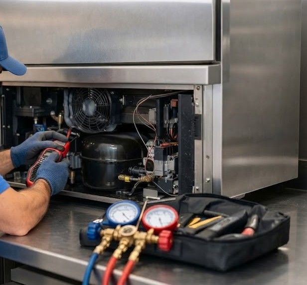 Technician repairing a stainless steel appliance with gauges and tools in a commercial kitchen.
