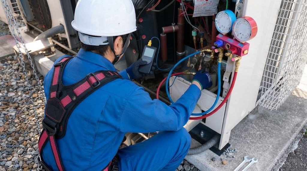 Technician in blue uniform and white hard hat servicing electrical equipment with gauges and cables.