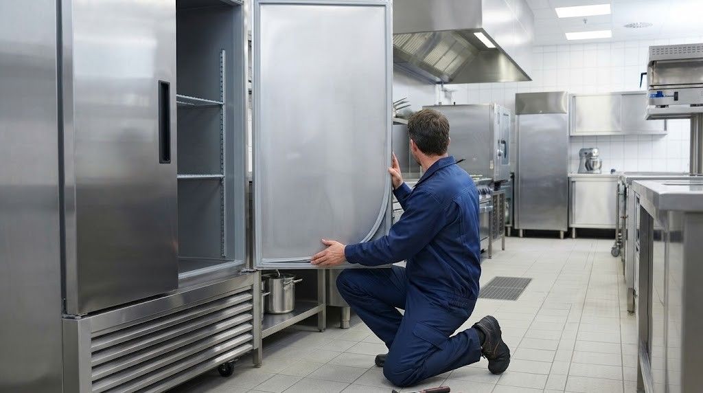 Technician kneeling beside a stainless-steel commercial refrigerator in a bright kitchen, inspecting the door.