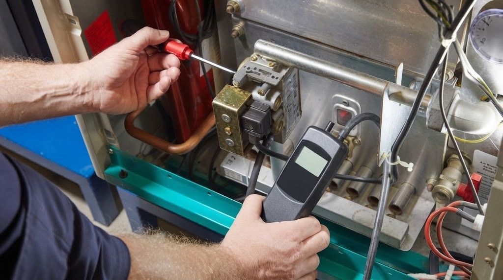 Technician testing an electrical panel with a multimeter and probe wires in a workshop