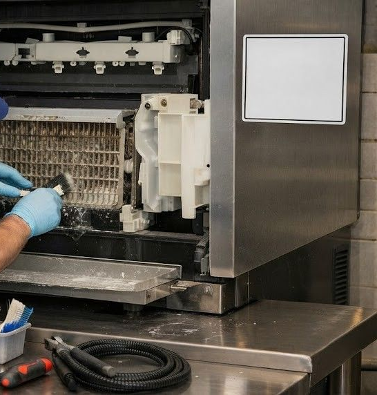 Gloved hands cleaning the interior of a stainless steel appliance on a work counter