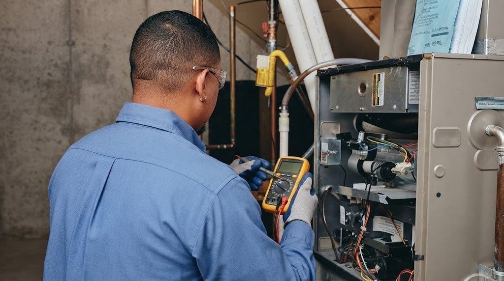 Technician inspecting HVAC unit with a handheld meter and exposed wiring in a utility room