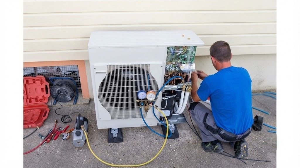 Technician kneeling beside an outdoor HVAC unit, repairing wiring with tools and gauges outside a house