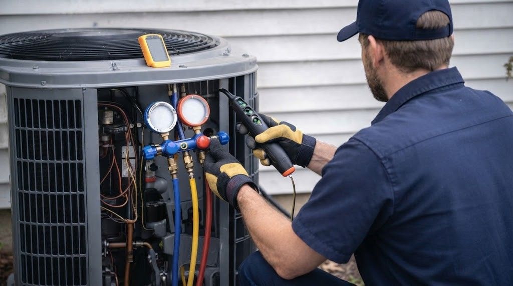 Technician servicing an outdoor air conditioner unit with gauges and hoses attached