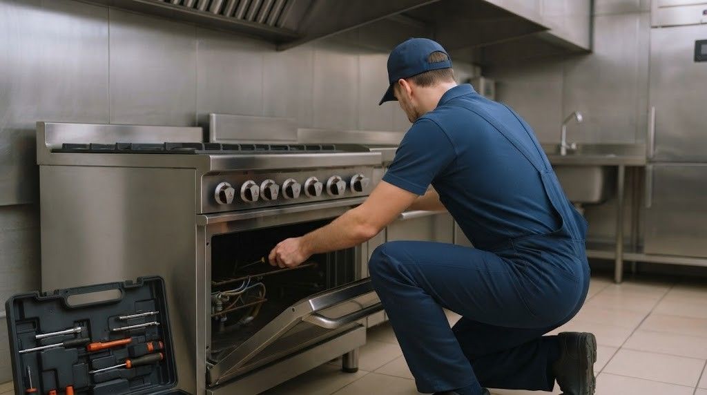 Technician repairing a commercial oven in a stainless-steel kitchen, using tools on the floor.