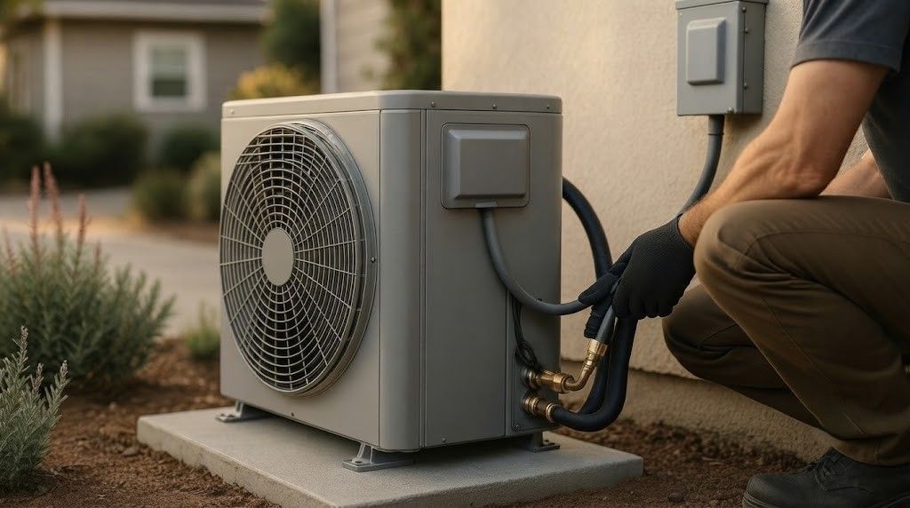 Technician kneeling beside an outdoor HVAC unit, connecting hoses to the side panel.
