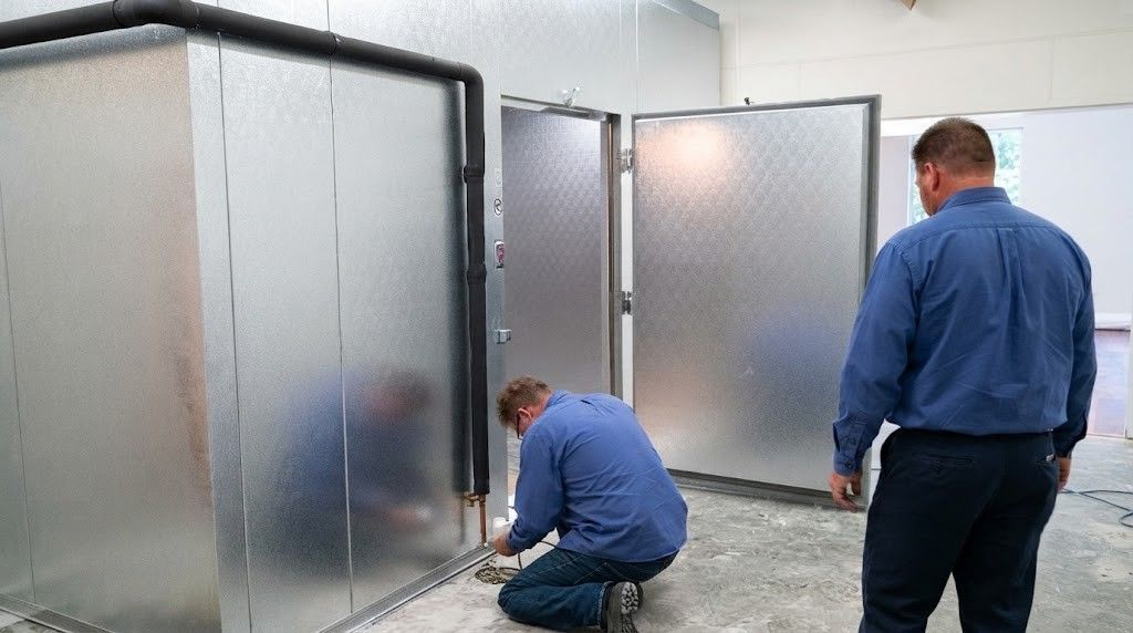 Two workers installing frosted glass panels in a modern office partition room.