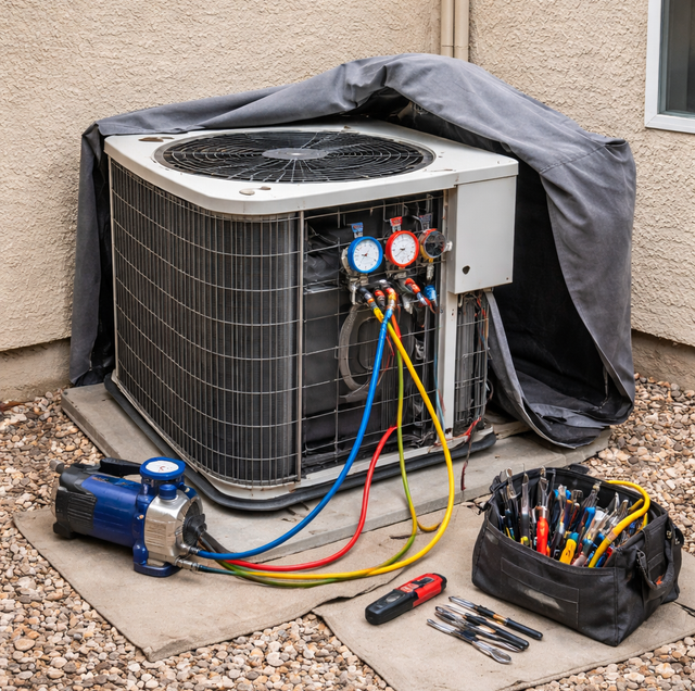 HVAC technician tools and gauges connected to an outdoor air conditioner unit under a tarp