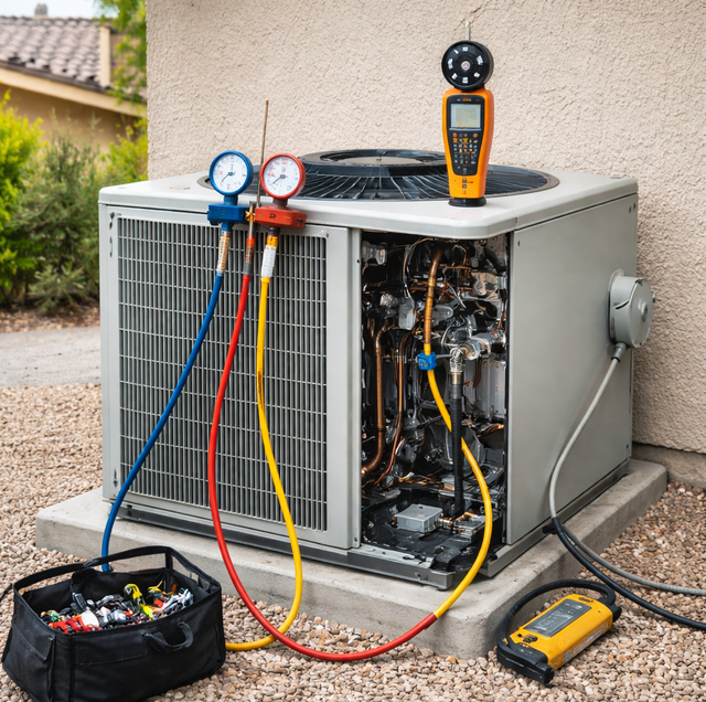 HVAC outdoor unit being tested with gauges, hoses, and meters on a patio