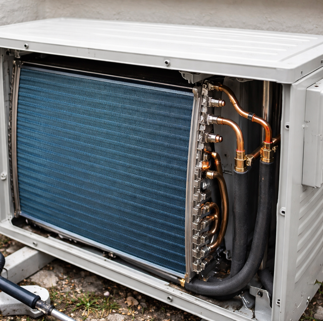 Open HVAC unit with blue coil, copper tubing, and black insulated pipes exposed.