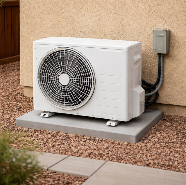 Outdoor air conditioner unit on a concrete pad beside a stucco wall, with connected electrical conduit.