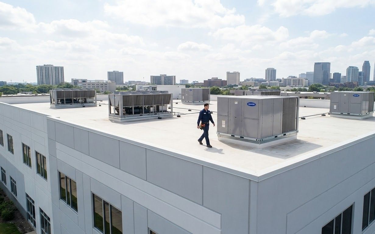 Worker in safety harness crouches on a rooftop, inspecting or repairing large black HVAC units.
