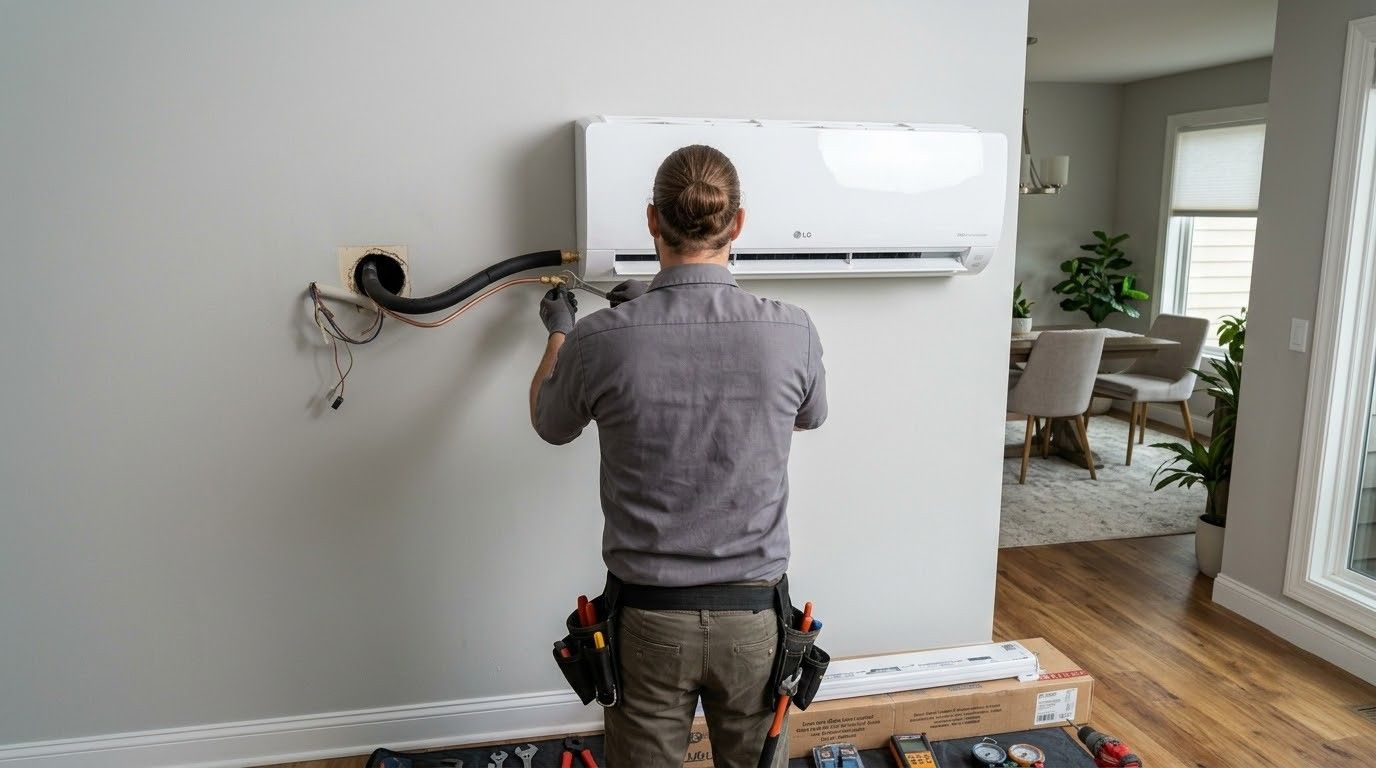 Technician wiring a wall-mounted HVAC unit and control panel indoors