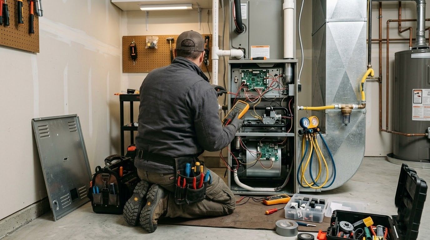 Open machine panel with wiring, hoses, pumps, and a yellow handheld meter attached on the right.