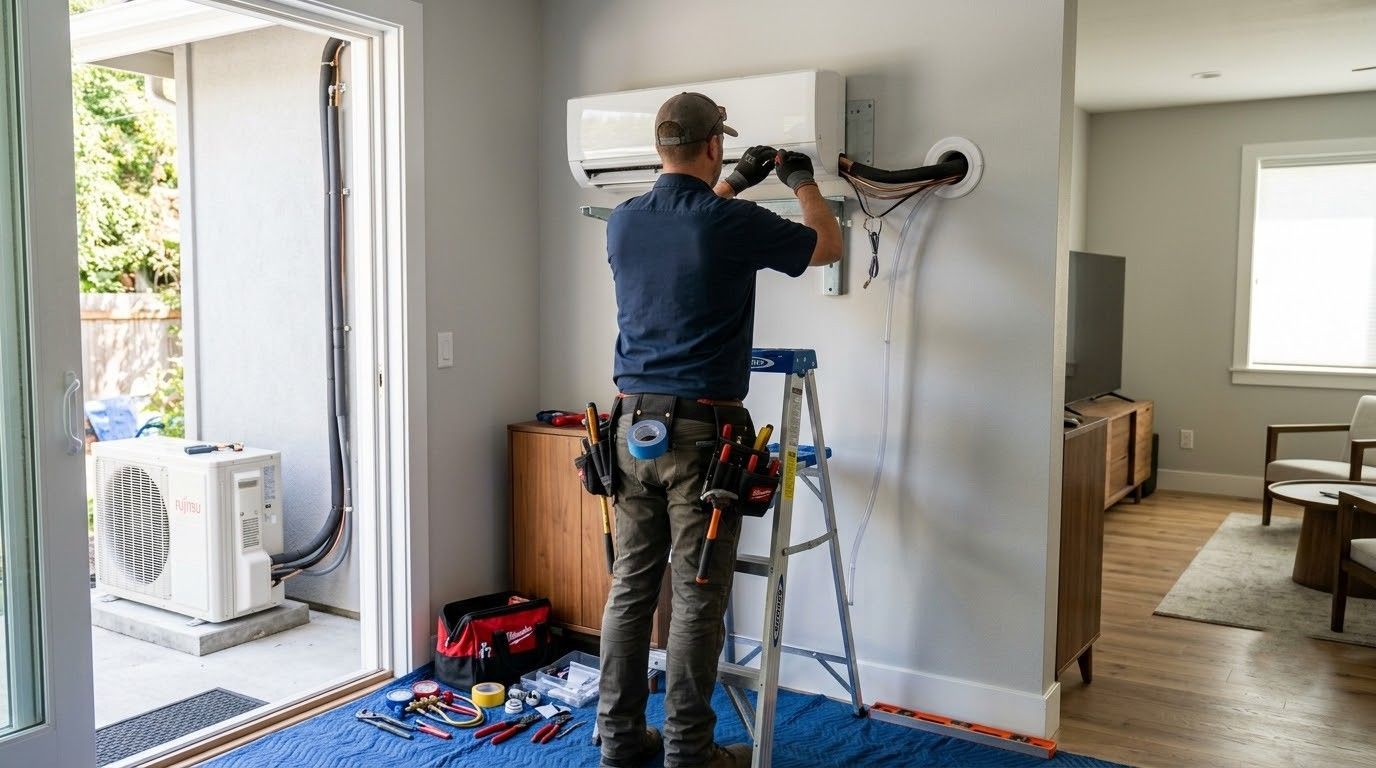 Technician in blue uniform testing exposed air conditioner wiring with a multimeter.