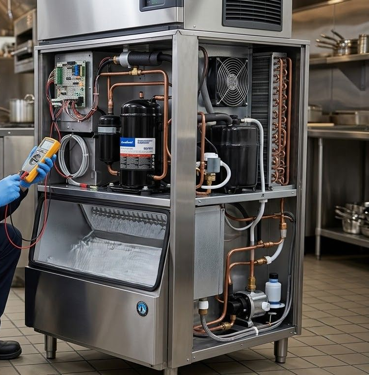 Technician inspecting an open commercial appliance in a stainless steel kitchen.