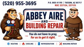 Abbey Aire Building Repair ad with cartoon workers, phone number, and HVAC, cooling, refrigeration services