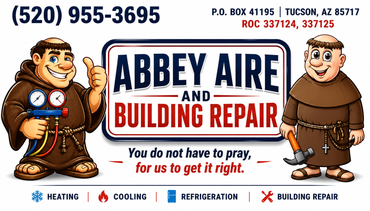 Abbey Aire Building Repair ad with phone number and cartoon HVAC workers in red, blue, and brown