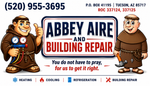 Abbey Aire building repair ad with cartoon workers, phone number, and heating, cooling, refrigeration services