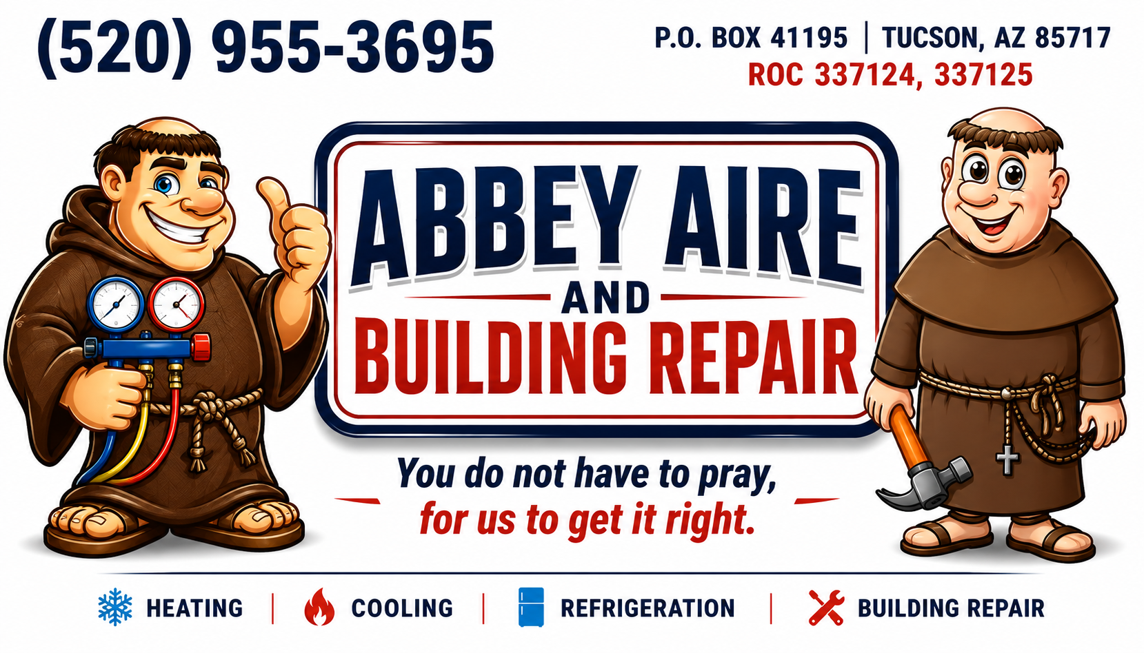 Abbey Aire building repair ad with cartoon workers, phone number, and heating, cooling, refrigeration services