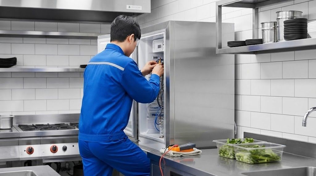 Chef in blue uniform loading dishes into a commercial kitchen dishwasher.