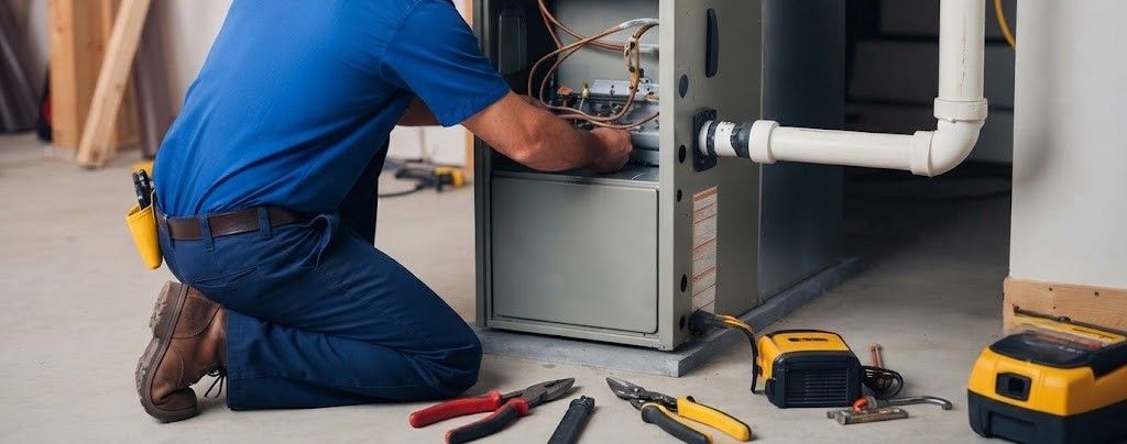 Technician kneeling beside open furnace, repairing HVAC unit with tools on floor