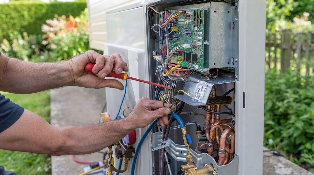 Technician wiring an open outdoor electrical unit with tools and multicolored cables