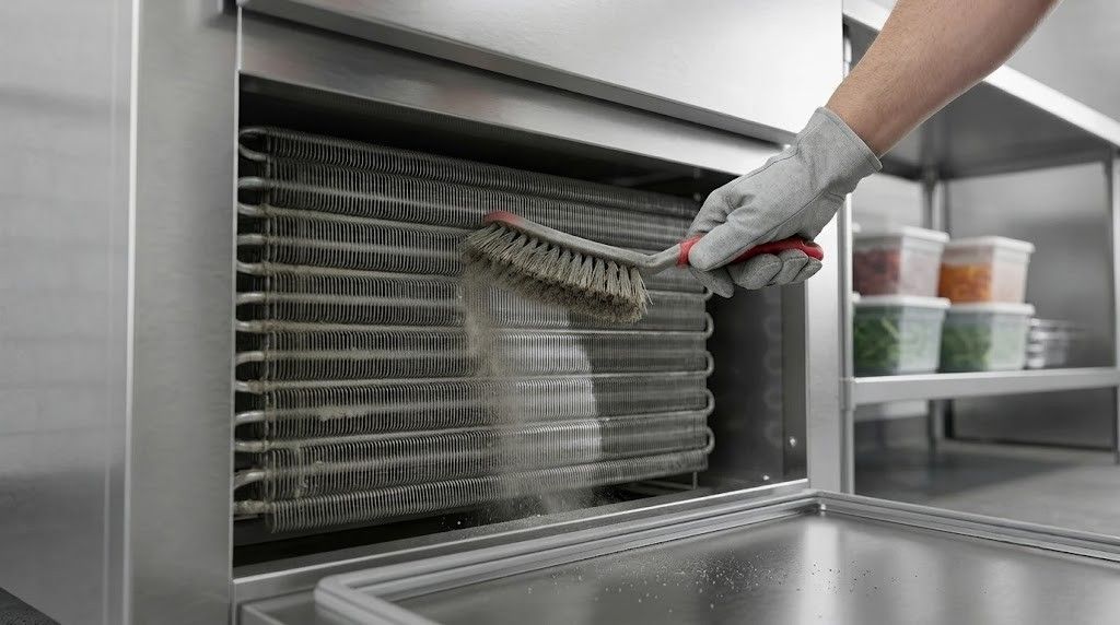 Gloved hand removing a dirty dishwasher rack from an industrial dishwasher