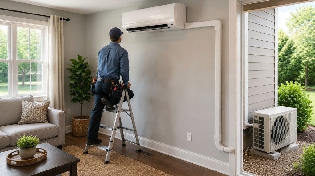 Technician installing a wall-mounted mini split air conditioner in a bright living room