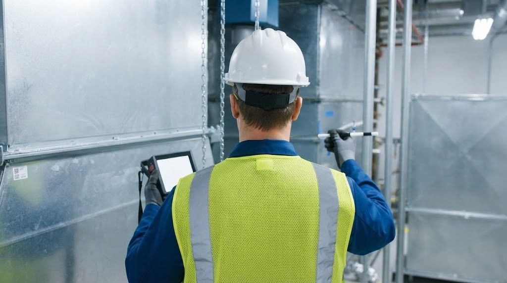 Worker in hard hat and safety vest inspecting industrial ductwork in a factory corridor