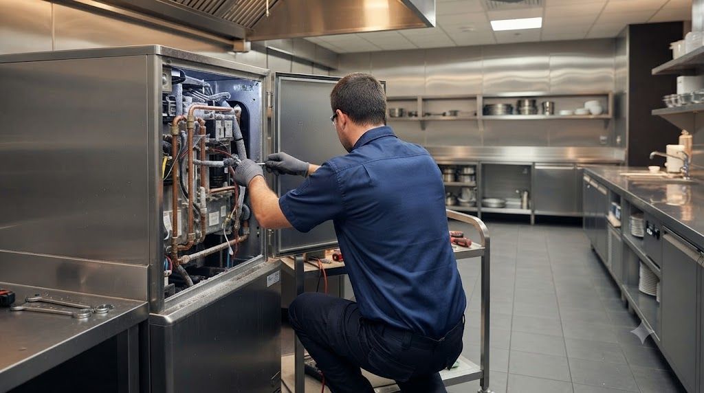 Technician repairing a commercial dishwasher in a stainless-steel kitchen, with its front panel open.