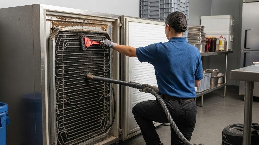 Worker vacuuming the coils inside a large industrial machine in a workshop