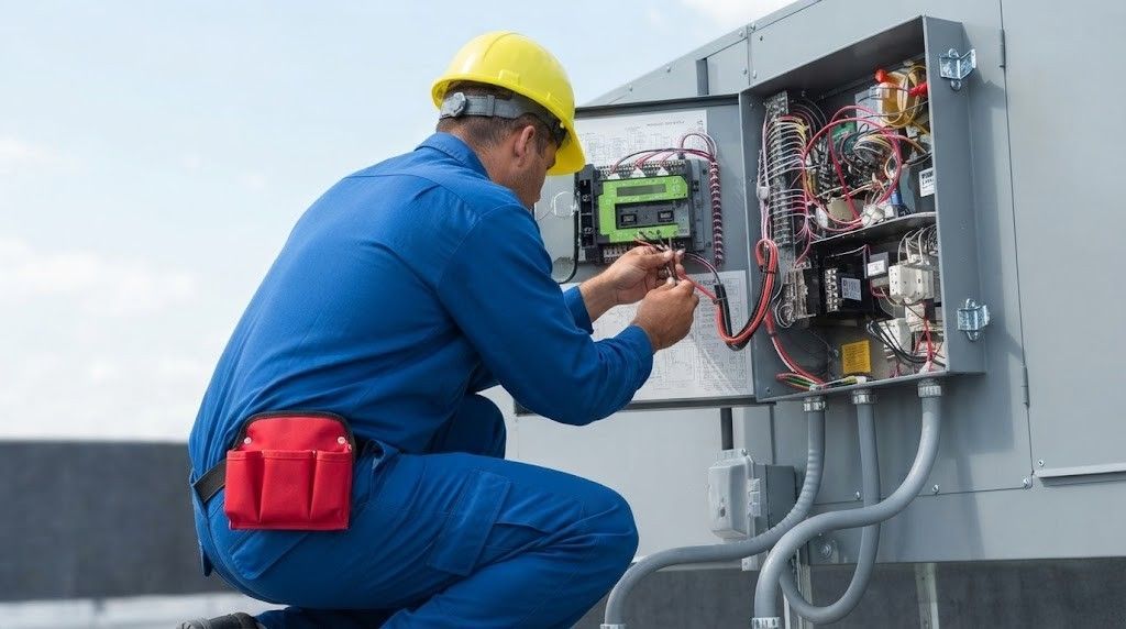 Technician in blue coveralls and yellow hard hat inspecting electrical control panel on a rooftop.