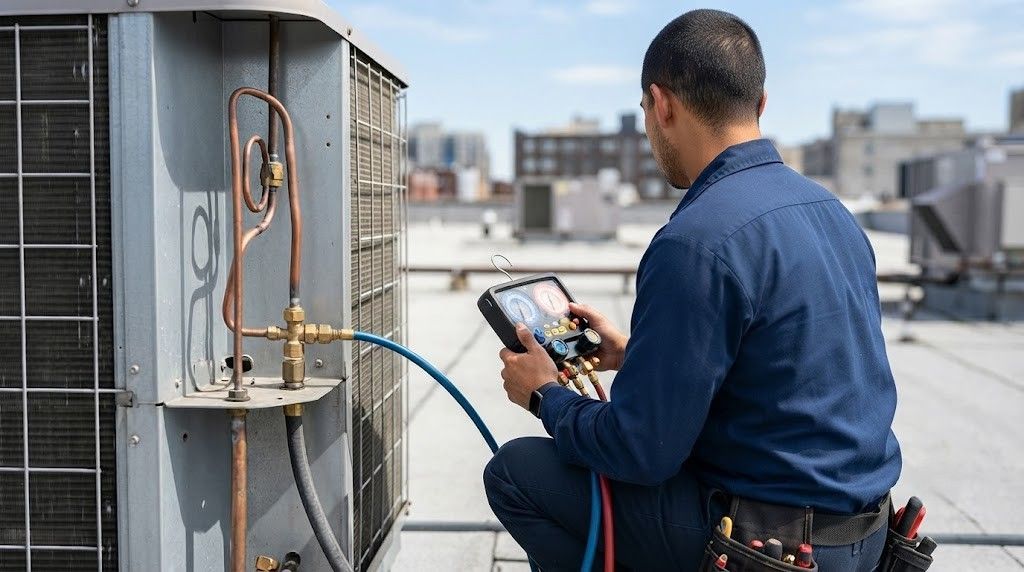 Technician using a gauge to inspect rooftop HVAC equipment with city buildings in the background