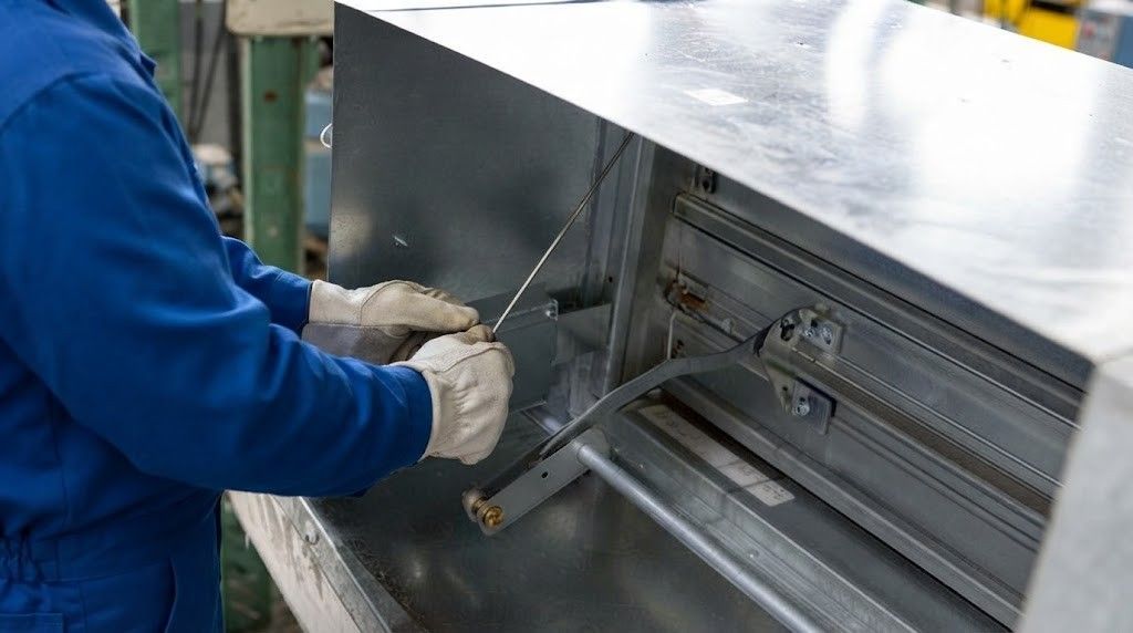 Worker in blue uniform cleaning a stainless steel industrial machine with gloves and a tool