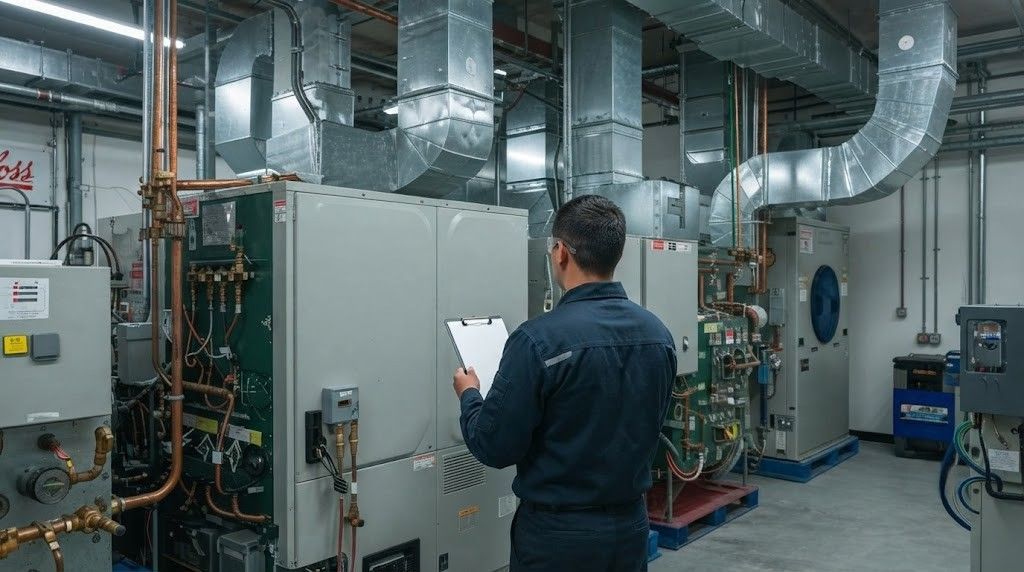 Technician inspecting industrial HVAC equipment in a mechanical room with ducts and control panels