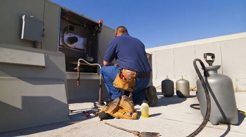 Technician inspecting rooftop HVAC unit beside gas cylinders on a sunny roof