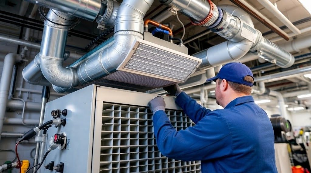 Technician inspecting HVAC ductwork and equipment in an industrial mechanical room