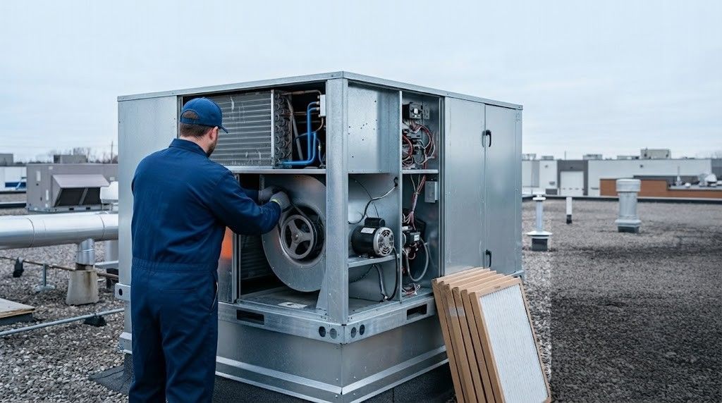 Technician inspecting rooftop HVAC unit with panels open on a flat commercial roof.