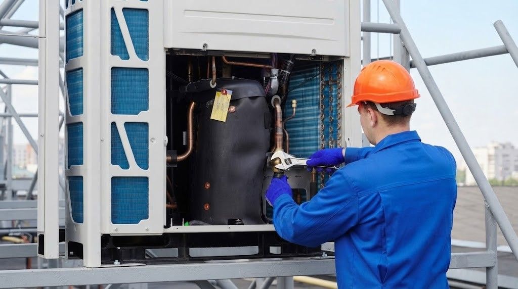 Technician in blue coveralls and orange hard hat inspecting HVAC unit on a rooftop.