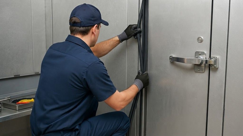Worker in navy uniform inspecting a metal storage cabinet door with a tool.