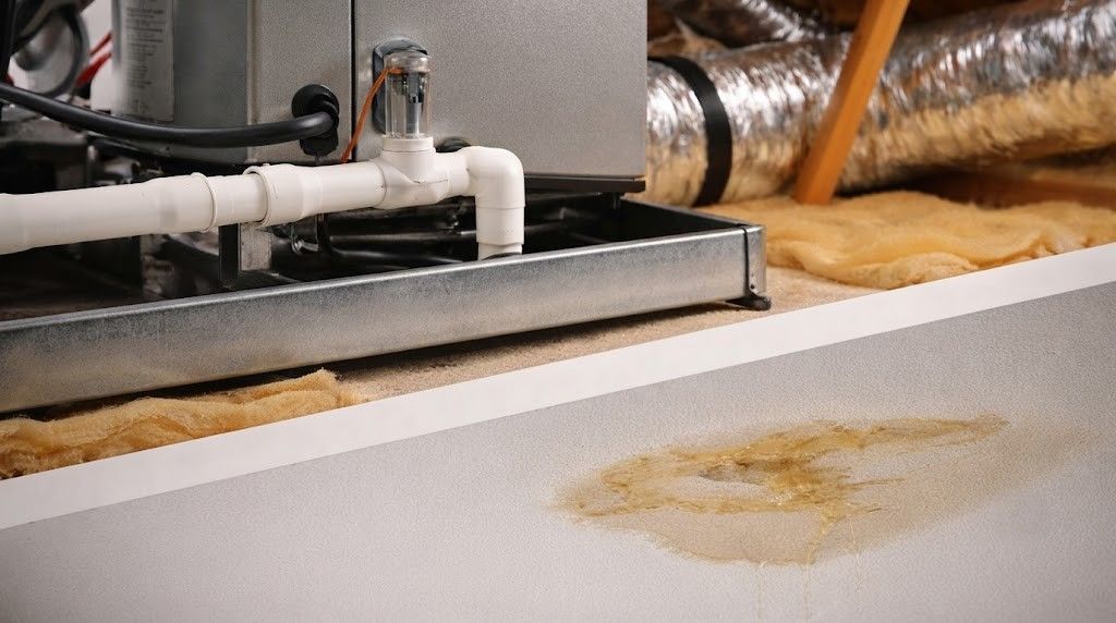 Insulation-covered pipes and ducting above a stained white ceiling panel with water damage.