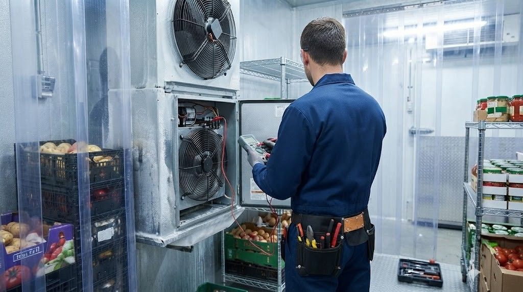 Technician inspecting open refrigeration units in a stainless-steel commercial kitchen or storage room