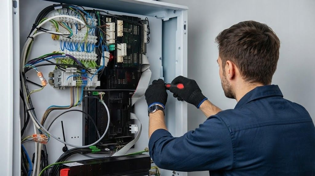Technician wiring an open electrical control cabinet with tools inside.