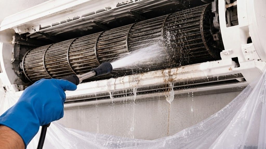 Person spraying water to clean a dirty air conditioner filter, with runoff dripping into a plastic sheet.