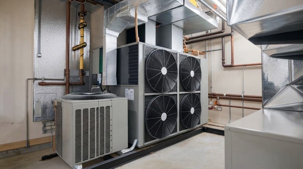 Large HVAC unit with four fans in a mechanical room with pipes and ductwork