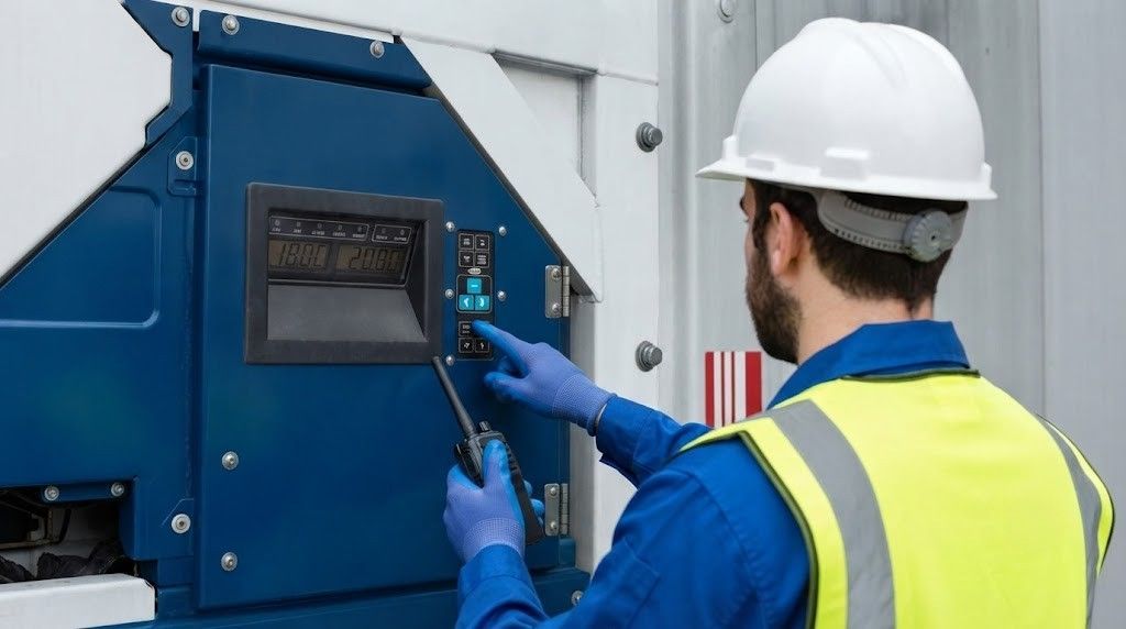 Technician in hard hat and blue gloves inspecting a machine control panel in an industrial setting